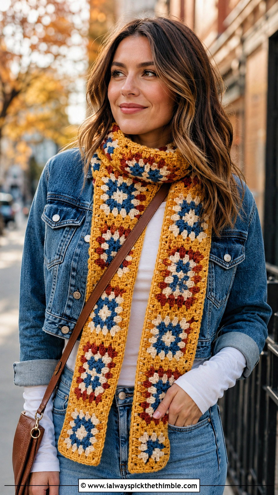 Yellow Granny Square Crochet Scarf With Denim Jacket - 15 autumn yellow crochet scarf outfit ideas