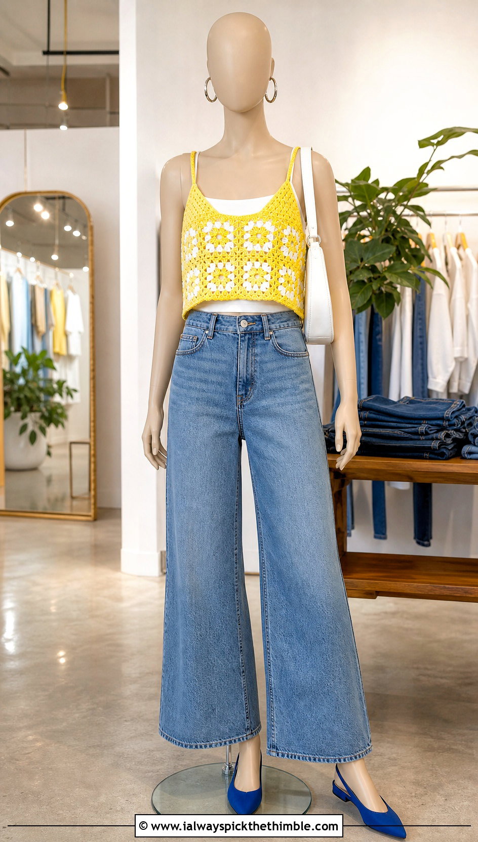 Yellow Granny Square Crop Top With Wide Leg Jeans - 15 yellow crochet top on mannequin outfit ideas