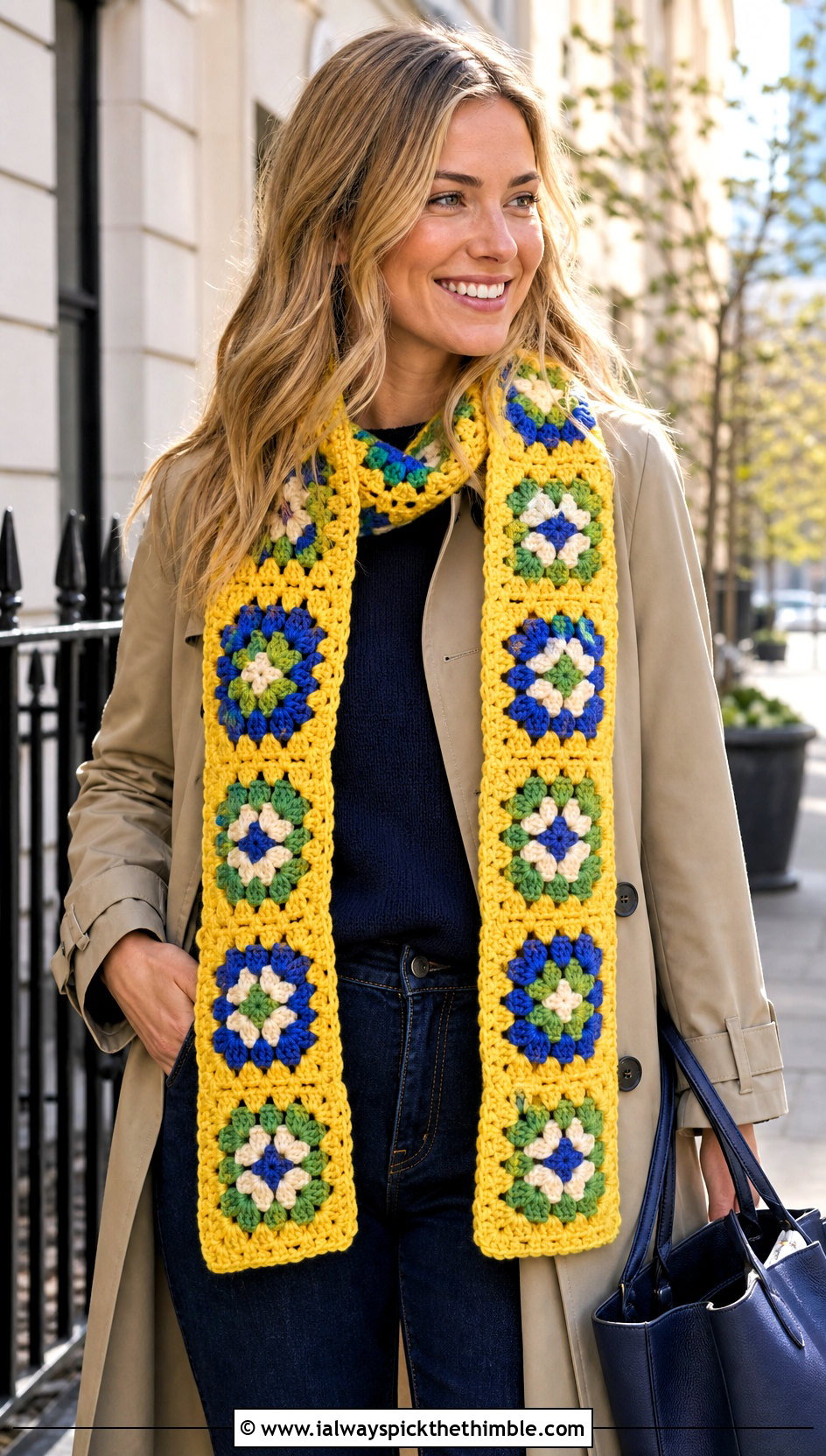 Yellow Granny Square Scarf With Trench Coat - 15 yellow crocheted scarf on table outfit ideas