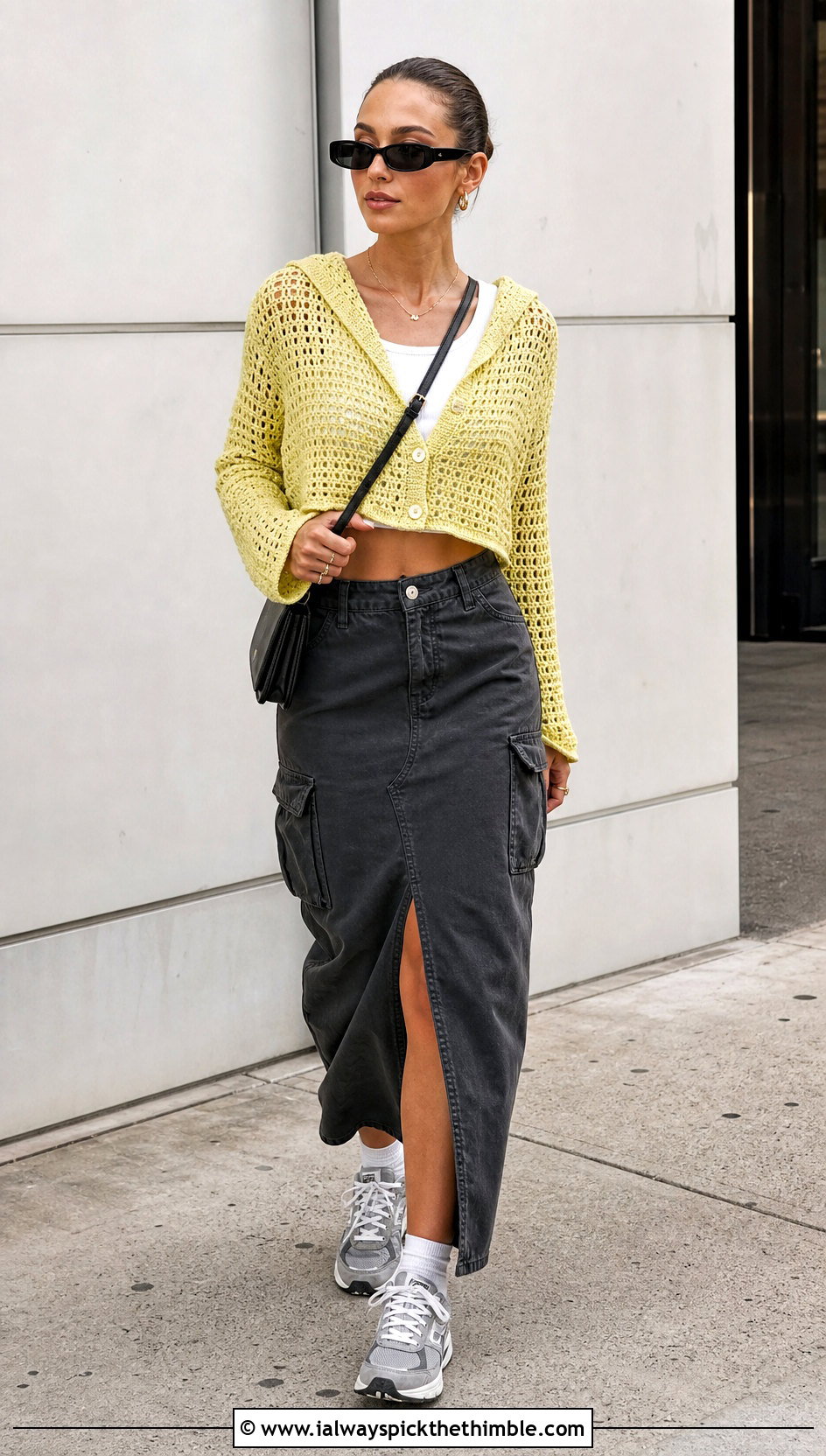 Yellow Hooded Crochet Cardigan With Cargo Maxi Skirt - 15 Yellow Crochet Cardigan With Buttons outfit ideas