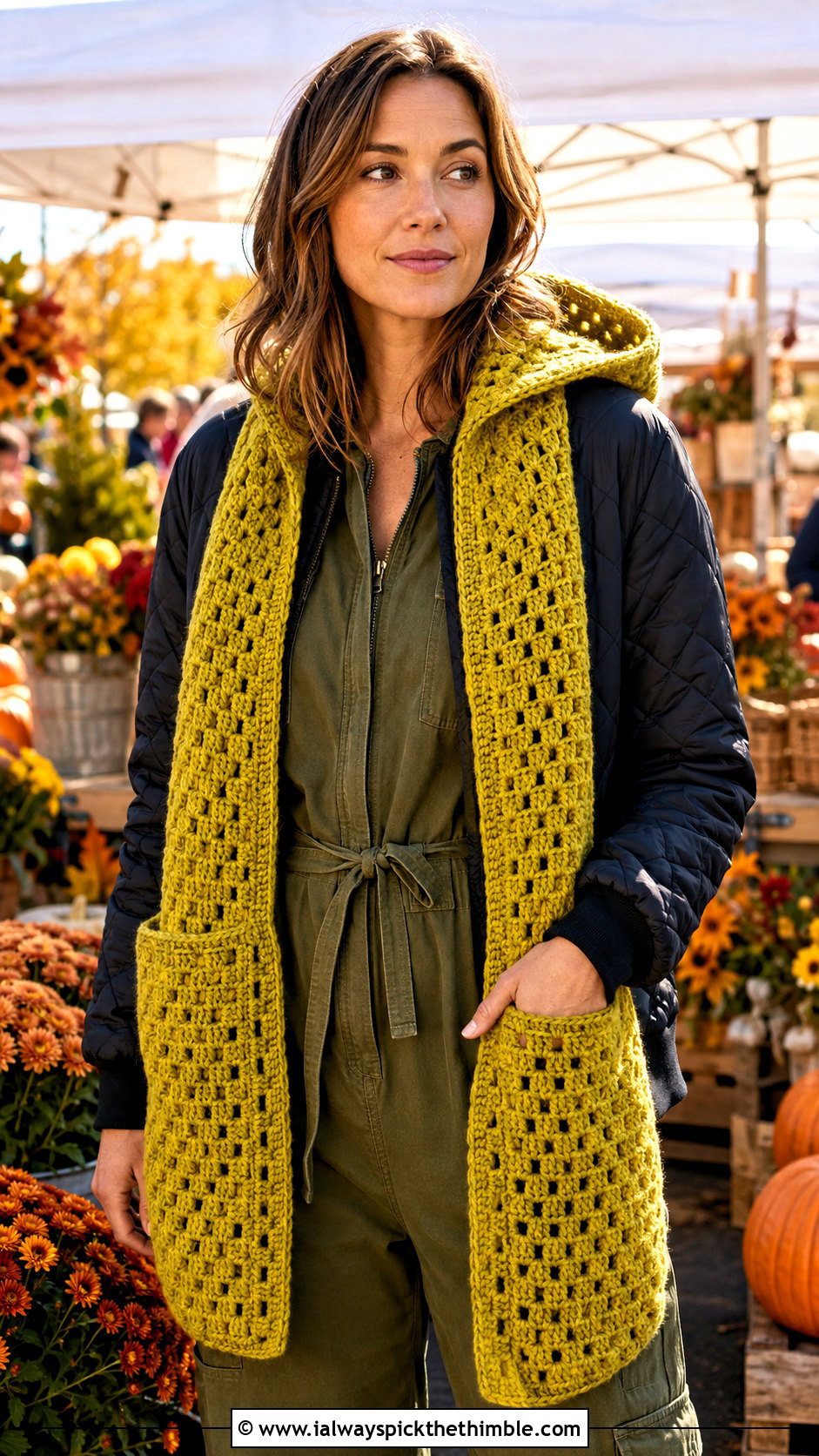 Yellow Hooded Pocket Crochet Scarf With Utility Jumpsuit - 15 autumn yellow crochet scarf outfit ideas