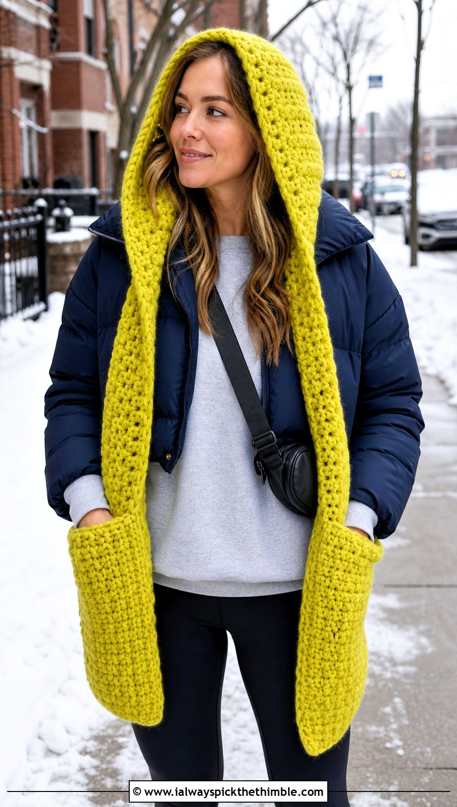 Yellow Hooded Pocket Scarf With Puffer Jacket - 15 yellow crocheted scarf on table outfit ideas