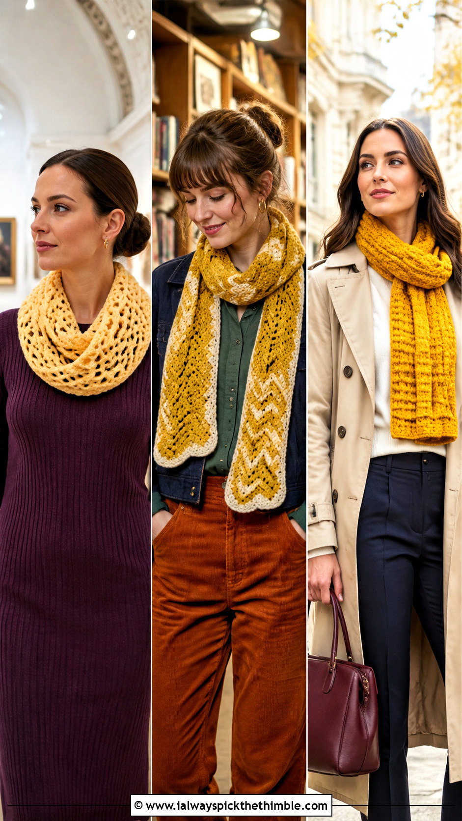 Yellow Infinity Crochet Scarf With Sweater Dress - 15 autumn yellow crochet scarf outfit ideas