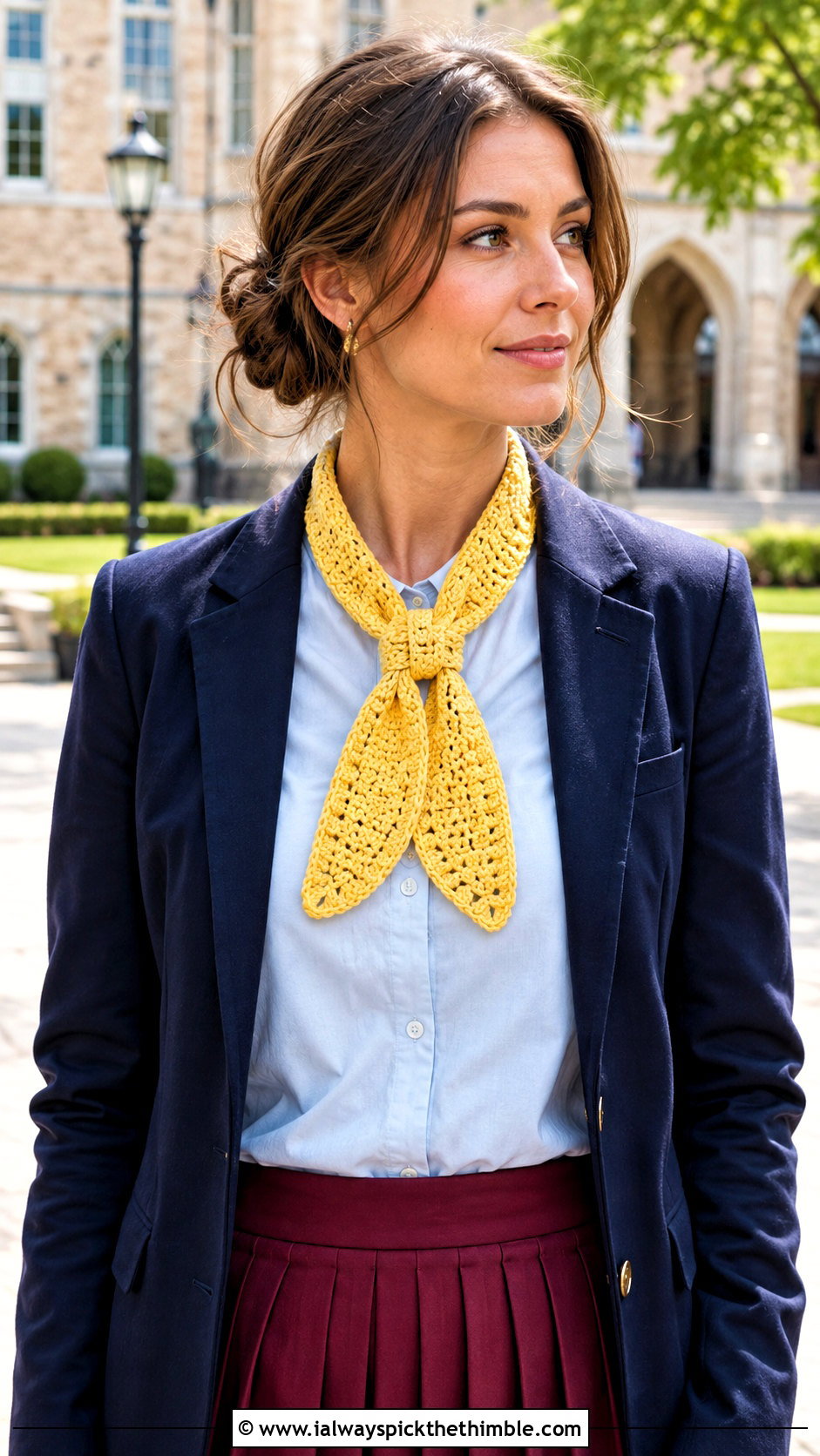 Yellow Keyhole Crochet Scarf With Blazer And Pleated Skirt - 15 autumn yellow crochet scarf outfit ideas
