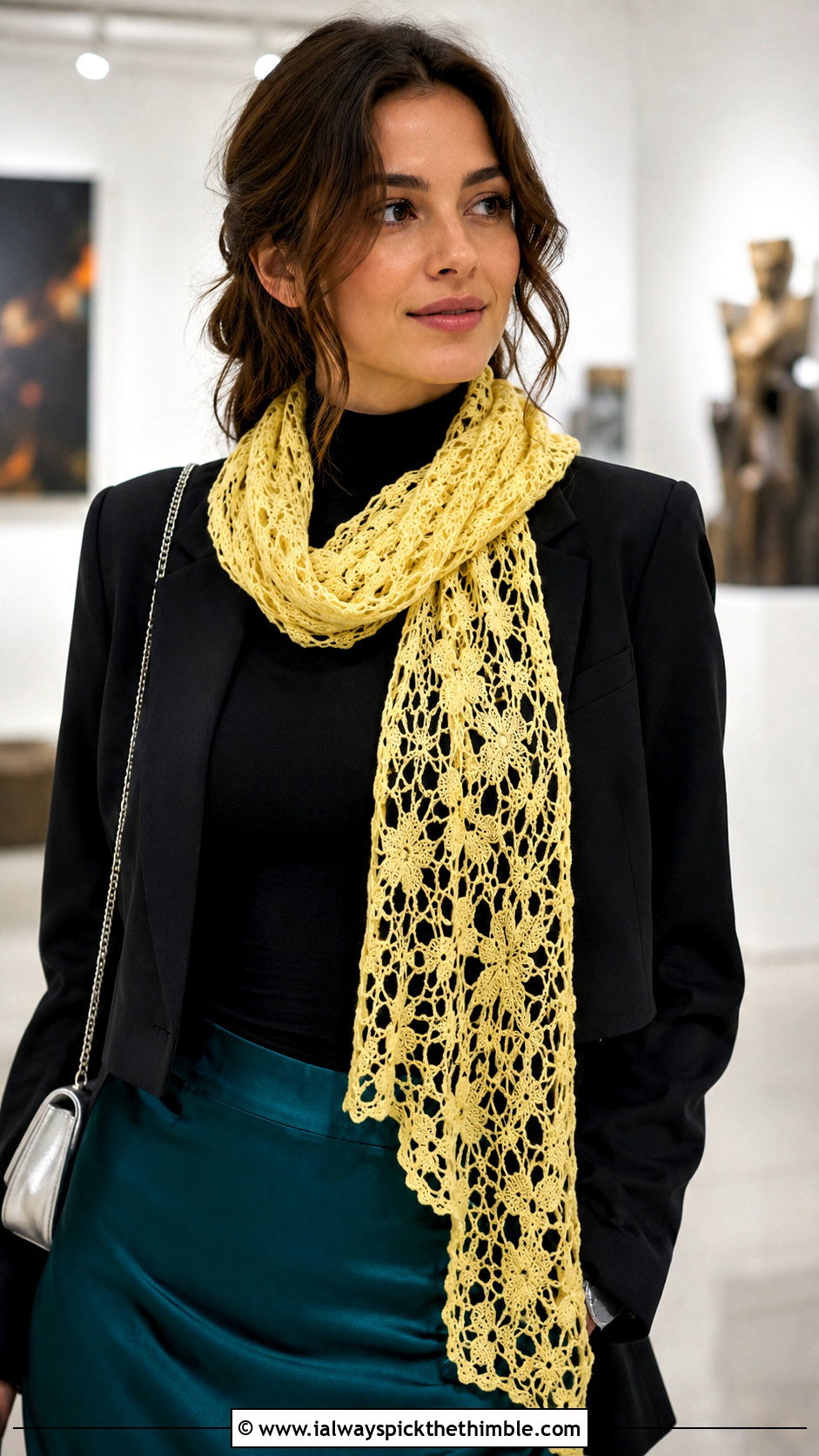 Yellow Lace Mesh Crochet Scarf With Satin Skirt - 15 autumn yellow crochet scarf outfit ideas