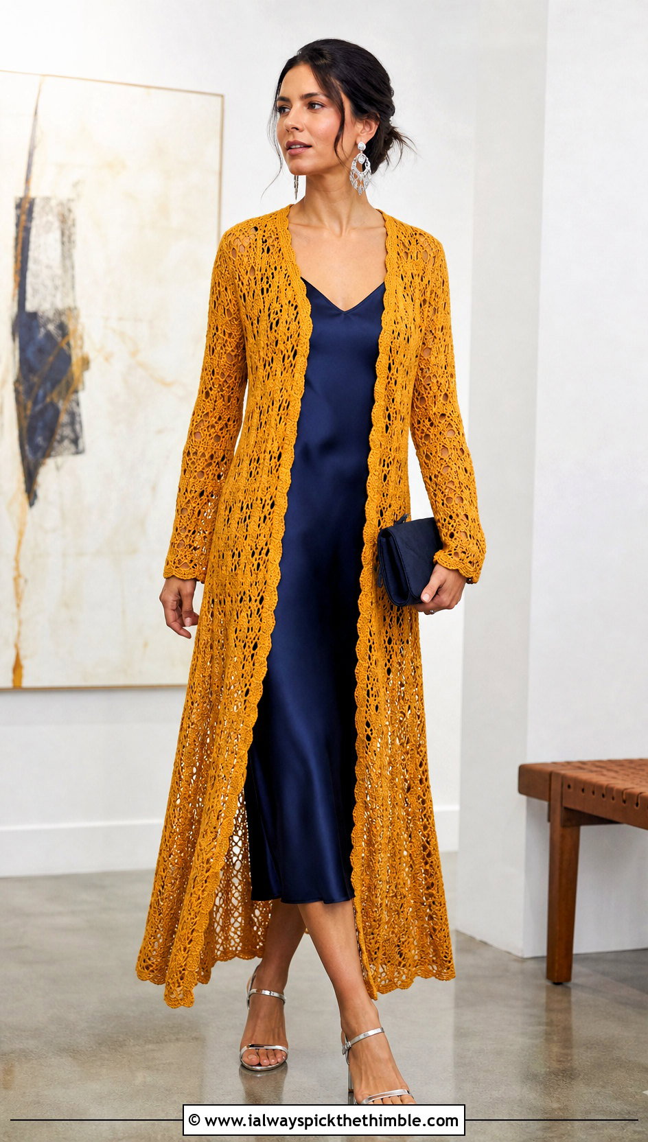 Yellow Longline Crochet Duster Cardigan With Slip Dress - 20 yellow crochet cardigan outfit ideas