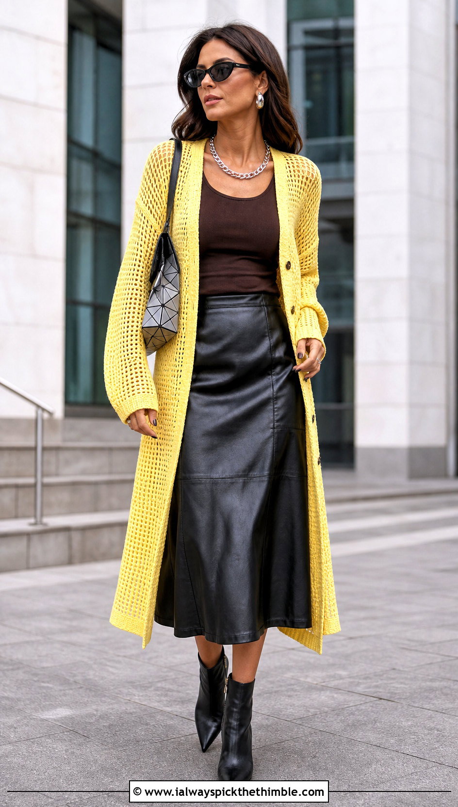 Yellow Longline Mesh Crochet Cardigan With Leather Midi Skirt - 15 Yellow Crochet Cardigan With Buttons outfit ideas