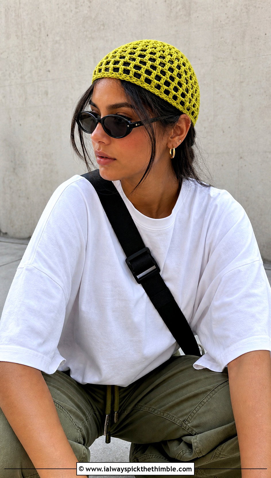 Yellow Mesh Crochet Skull Cap With Cargo Pants - 25 yellow crochet hat outfit ideas