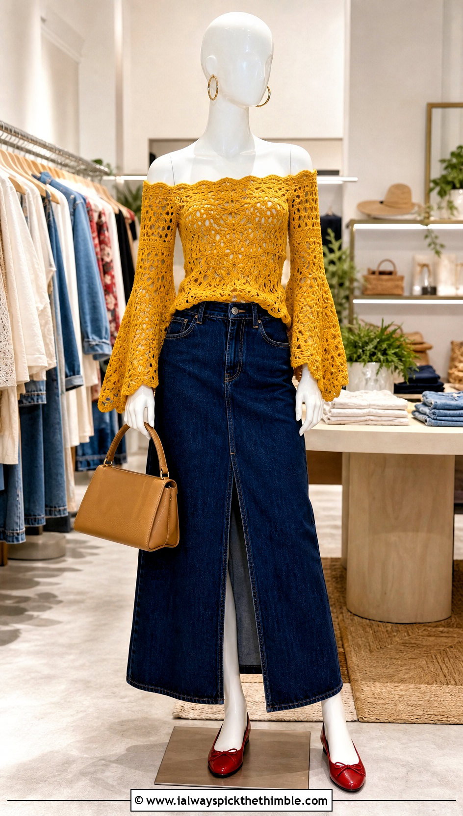 Yellow Off Shoulder Crochet Top With Denim Maxi Skirt - 15 yellow crochet top on mannequin outfit ideas