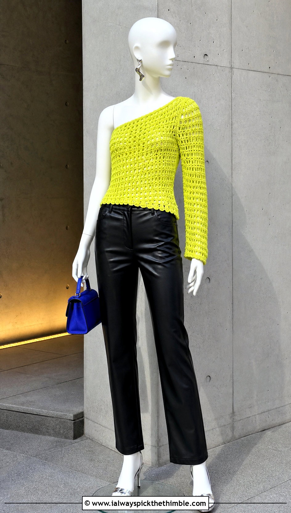 Yellow One Shoulder Crochet Top With Leather Pants - 15 yellow crochet top on mannequin outfit ideas