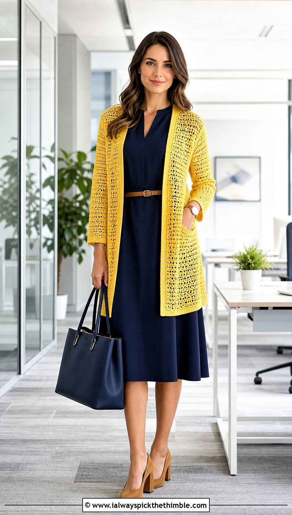 Yellow Open Front Crochet Cardigan With Office Dress - 20 yellow crochet cardigan outfit ideas