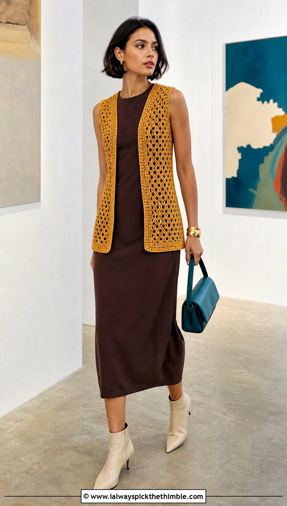 Yellow Open Front Crocheted Sweater Vest With Column Dress - 15 Yellow Crocheted Sweater Vest outfit ideas