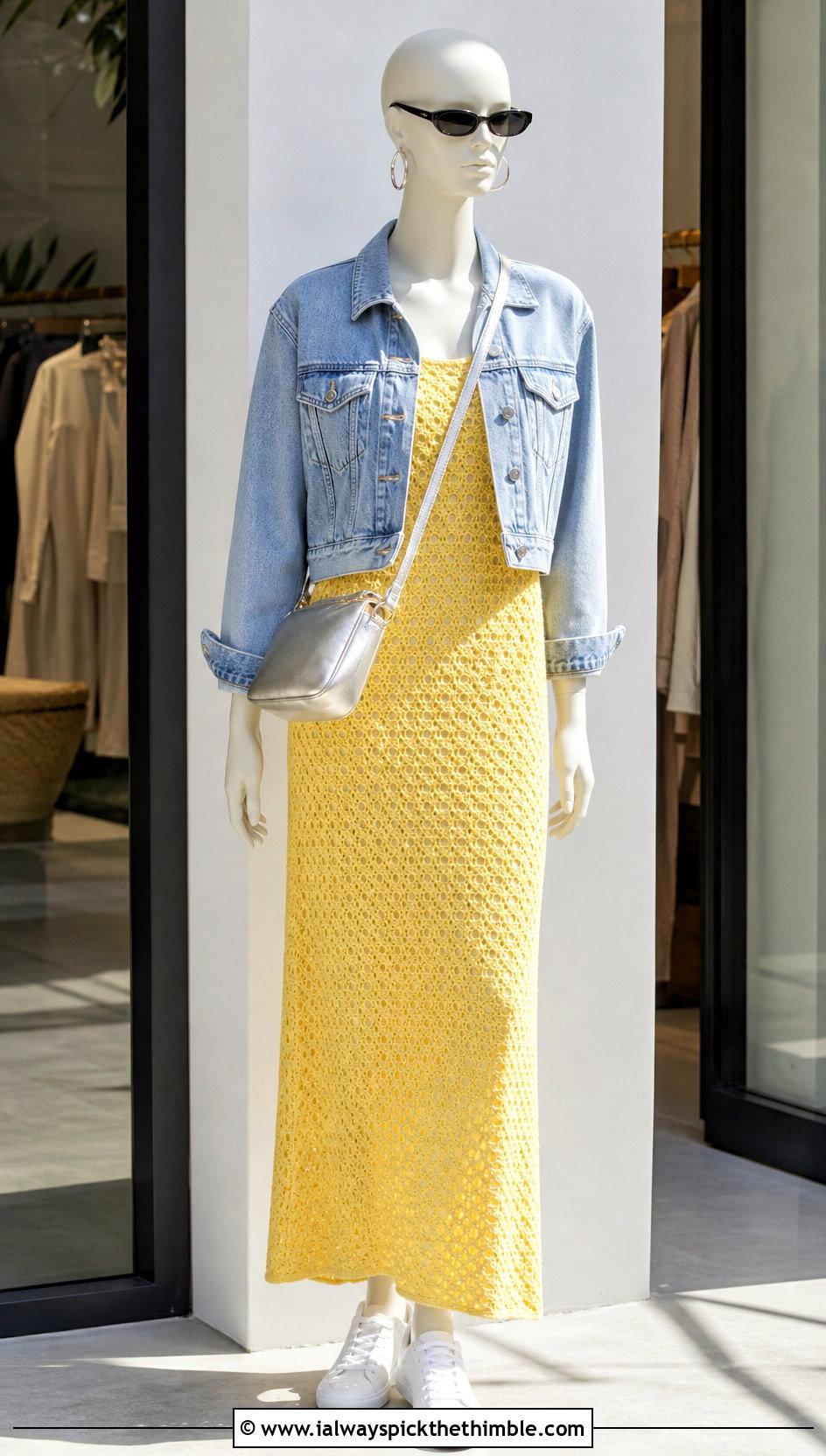 Yellow Open Knit Maxi Dress With Denim Jacket - 15 yellow crochet dress on mannequin outfit ideas