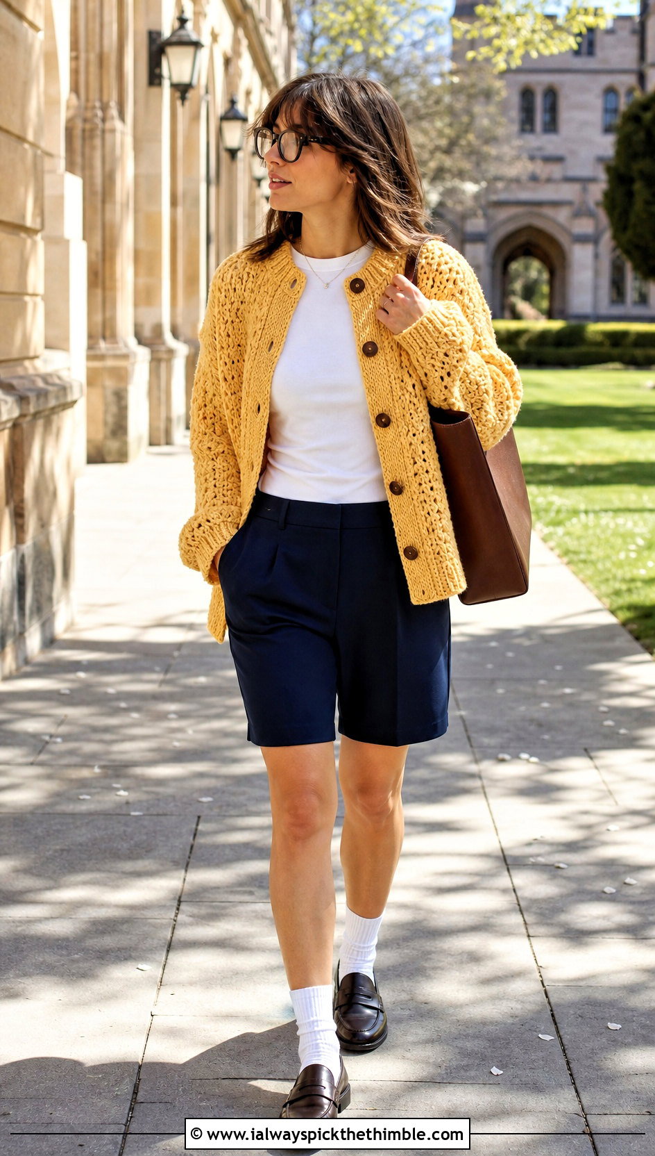 Yellow Oversized Grandpa Crochet Cardigan With Bermuda Shorts - 15 Yellow Crochet Cardigan With Buttons outfit ideas