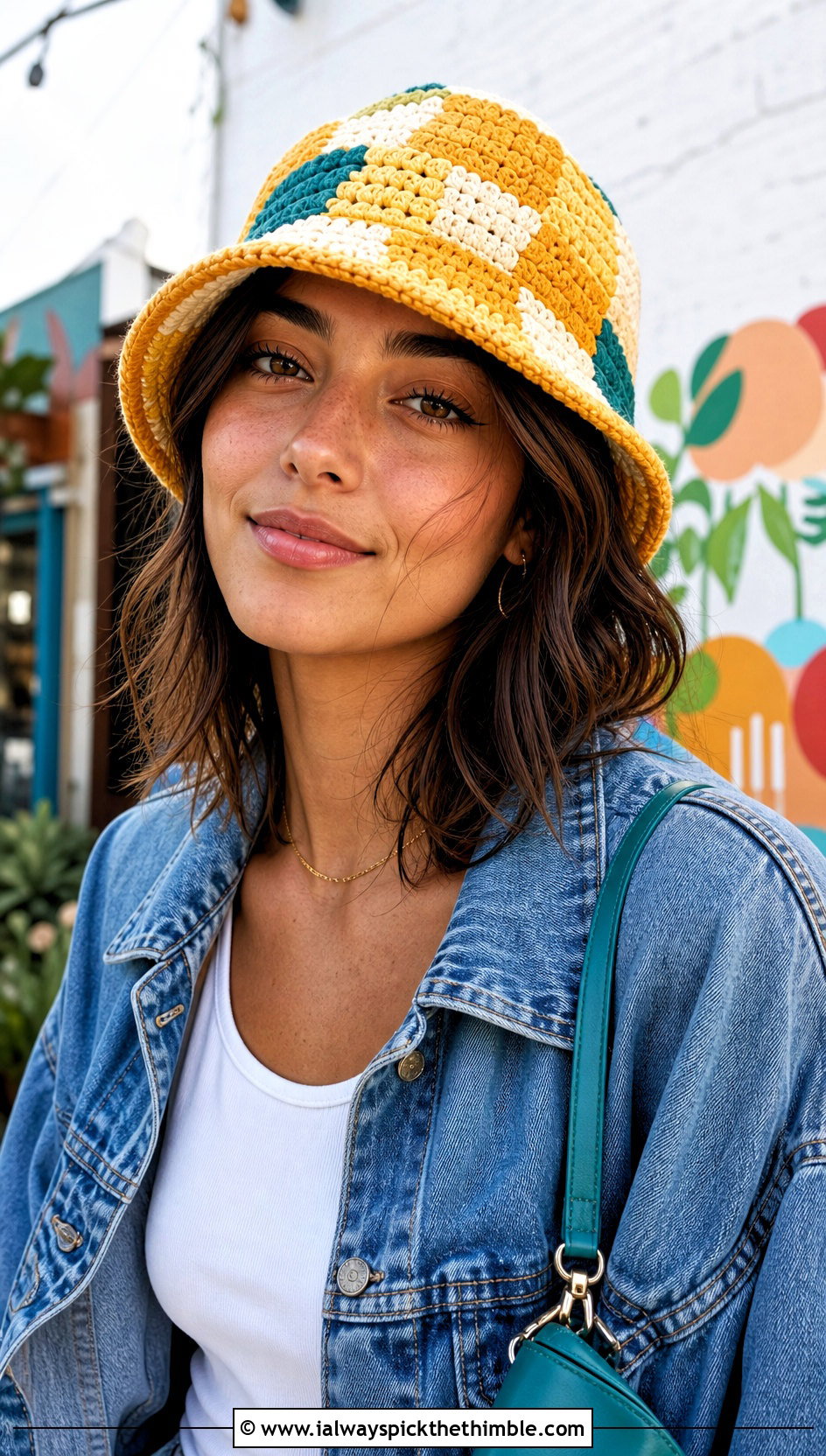 Yellow Patchwork Crochet Hat With Denim Jacket - 25 yellow crochet hat outfit ideas