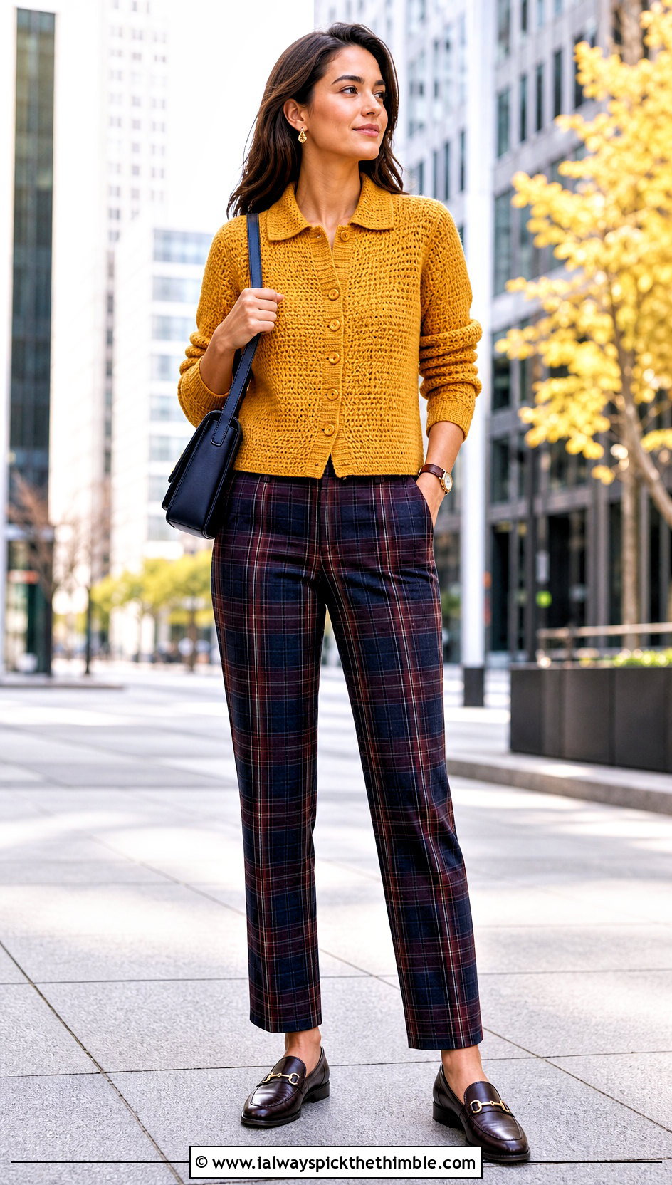 Yellow Polo Collar Crochet Cardigan With Plaid Trousers - 15 Yellow Crochet Cardigan With Buttons outfit ideas