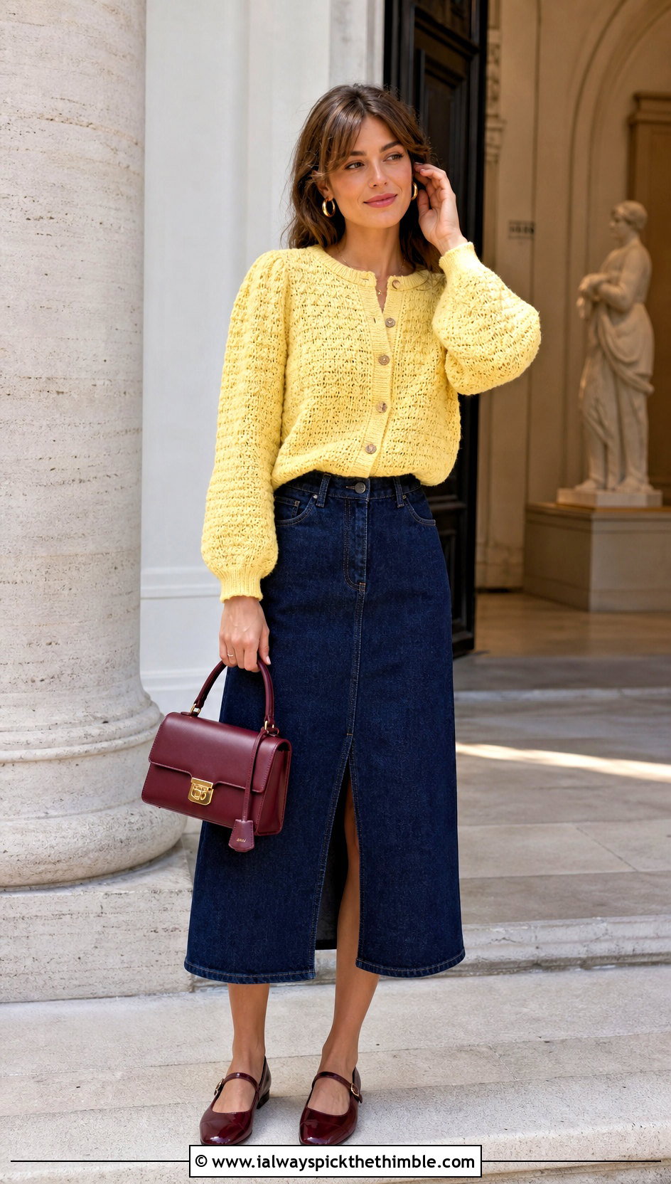 Yellow Puff Sleeve Crochet Cardigan With Denim Midi Skirt - 15 Yellow Crochet Cardigan With Buttons outfit ideas