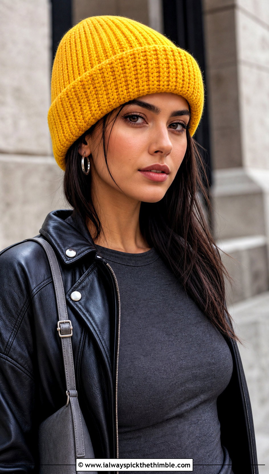 Yellow Ribbed Crochet Beanie With Leather Jacket - 25 yellow crochet hat outfit ideas