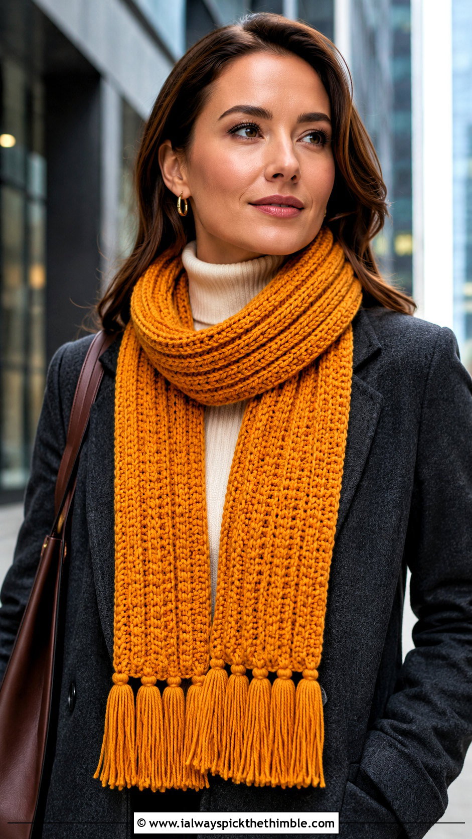 Yellow Ribbed Tassel Crochet Scarf With Wool Coat - 15 autumn yellow crochet scarf outfit ideas