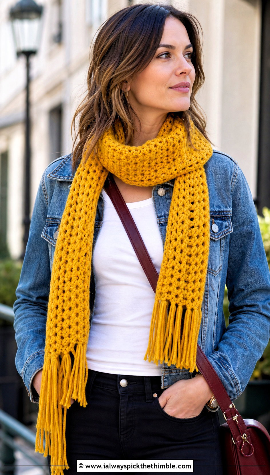 Yellow Ribbed Tassel Scarf With Denim Jacket - 15 yellow crocheted scarf on table outfit ideas