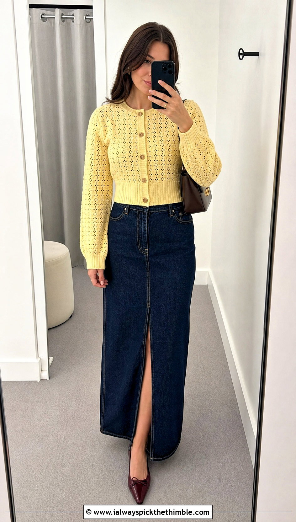 Yellow Ribbed Waist Crochet Cardigan With Denim Maxi Skirt - 20 yellow crochet cardigan outfit ideas