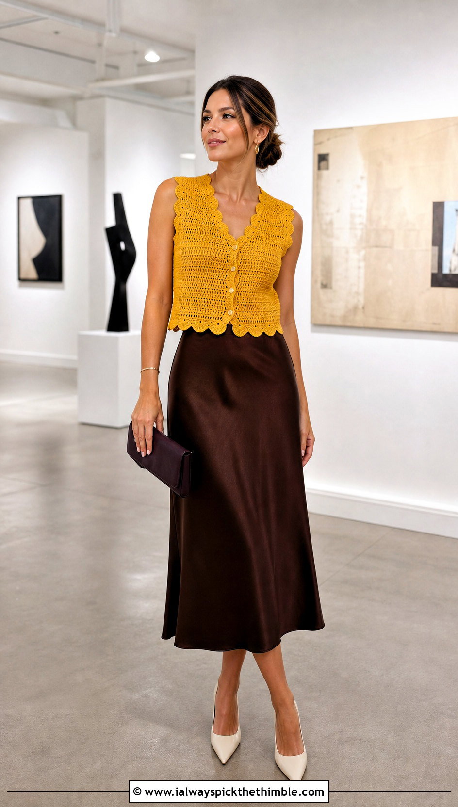 Yellow Scallop Edge Buttoned Crocheted Sweater Vest With Satin Skirt - 15 Yellow Crocheted Sweater Vest outfit ideas