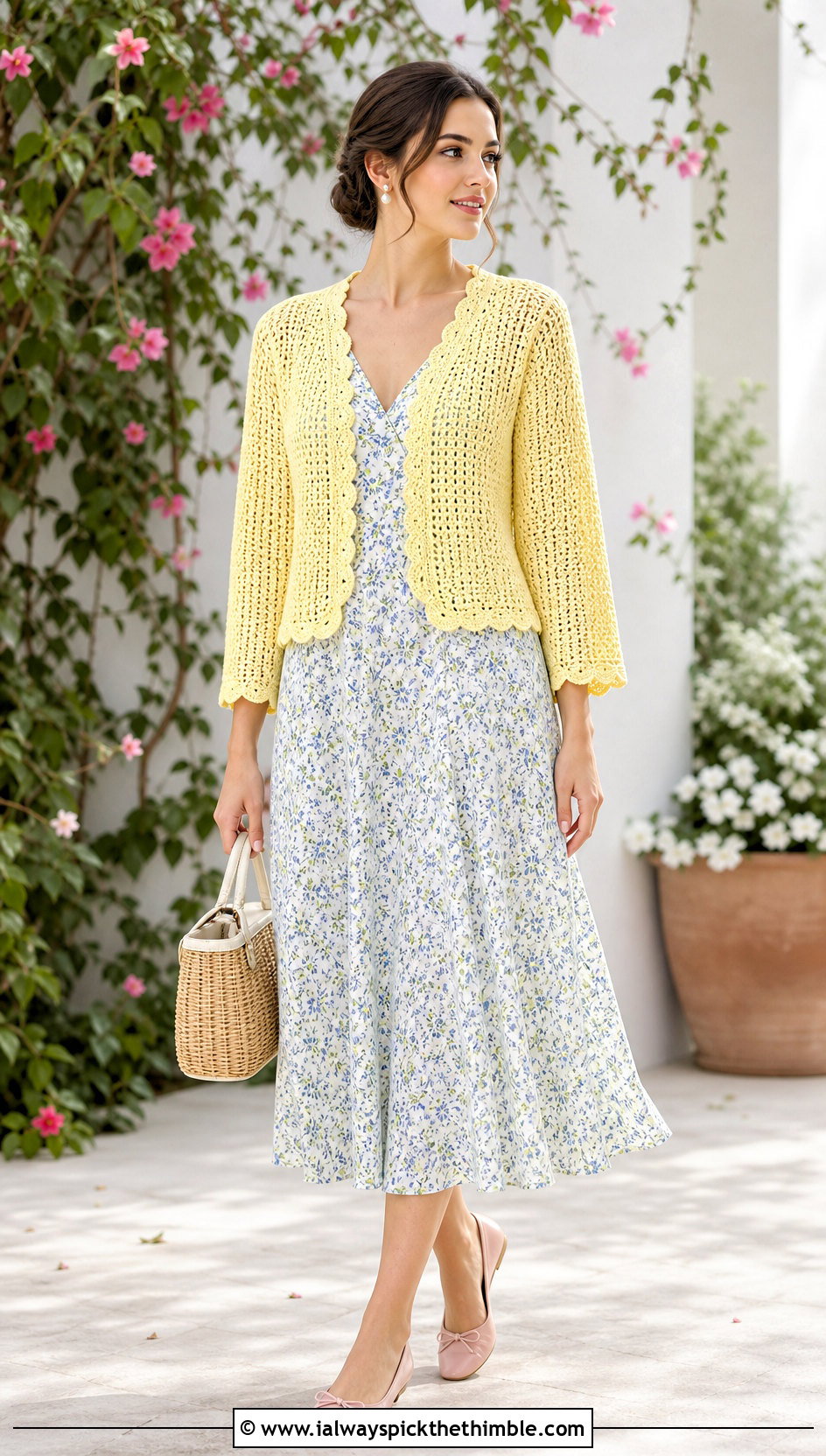 Yellow Scallop Edge Crochet Cardigan With Floral Dress - 20 yellow crochet cardigan outfit ideas