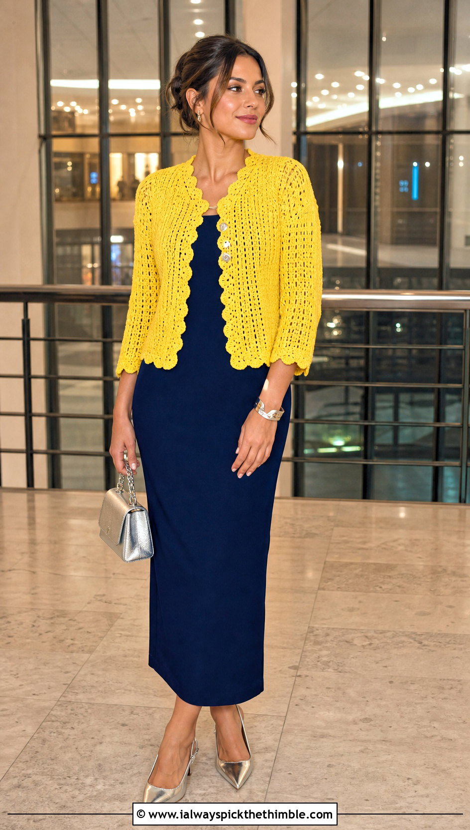 Yellow Scalloped Edge Crochet Cardigan With Column Dress - 15 Yellow Crochet Cardigan With Buttons outfit ideas