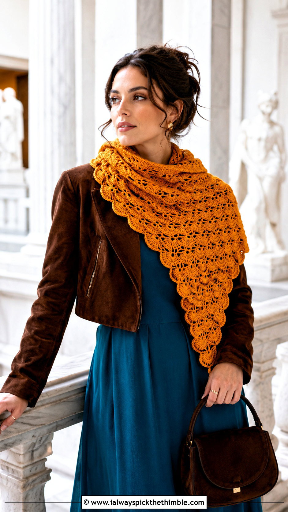 Yellow Shell Stitch Crochet Scarf With Midi Dress - 15 autumn yellow crochet scarf outfit ideas