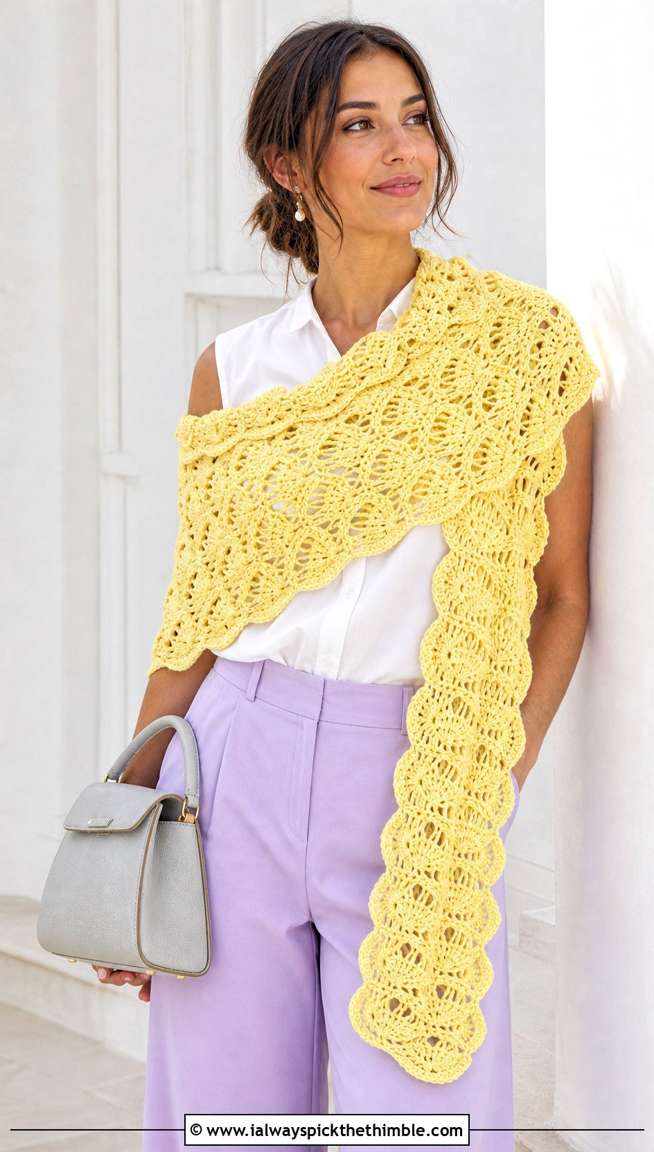 Yellow Shell Stitch Wrap Scarf With Wide Leg Pants - 15 yellow crocheted scarf on table outfit ideas