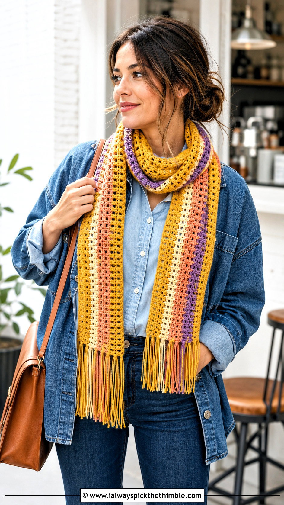 Yellow Striped Fringe Crochet Scarf With Double Denim - 15 autumn yellow crochet scarf outfit ideas