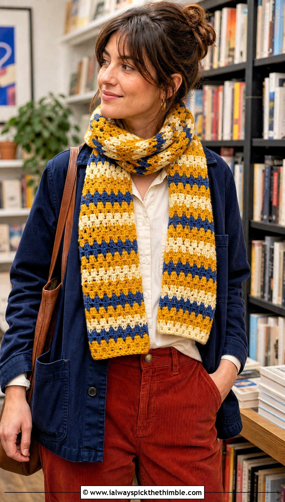 Yellow Striped Granny Scarf With Corduroy Outfit - 15 yellow crocheted scarf on table outfit ideas