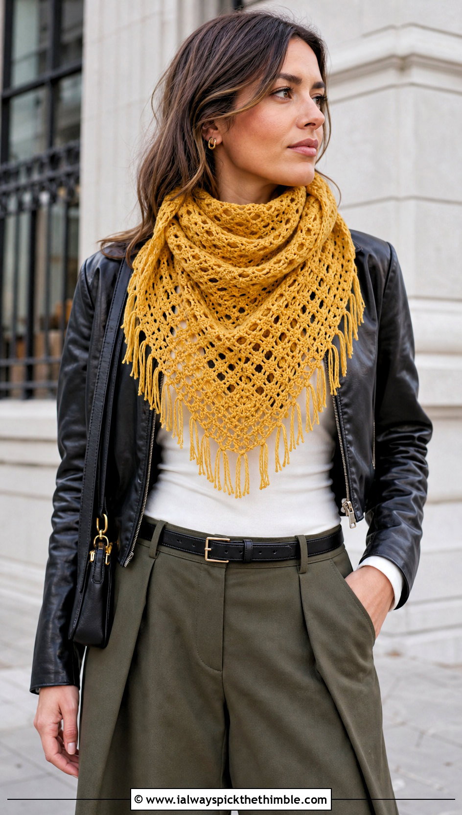Yellow Triangle Crochet Scarf With Leather Jacket - 15 yellow crocheted scarf on table outfit ideas