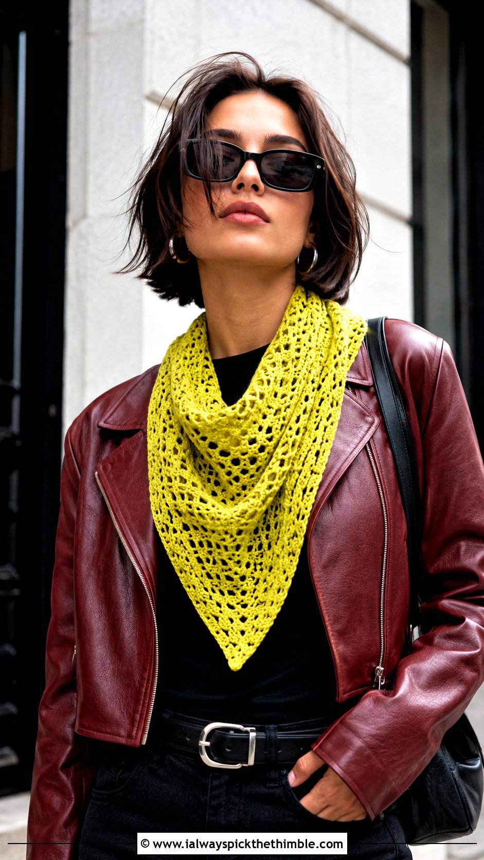 Yellow Triangle Crochet Scarf With Leather Jacket - 15 autumn yellow crochet scarf outfit ideas