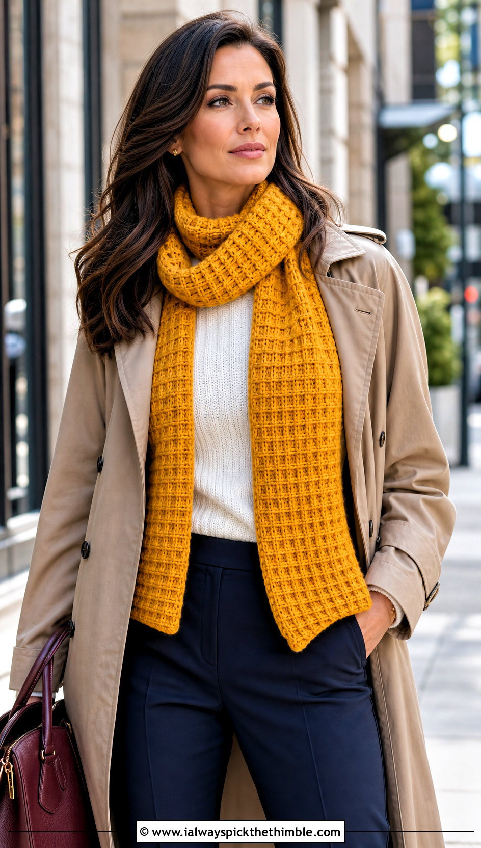 Yellow Waffle Stitch Crochet Scarf With Trench Coat - 15 autumn yellow crochet scarf outfit ideas