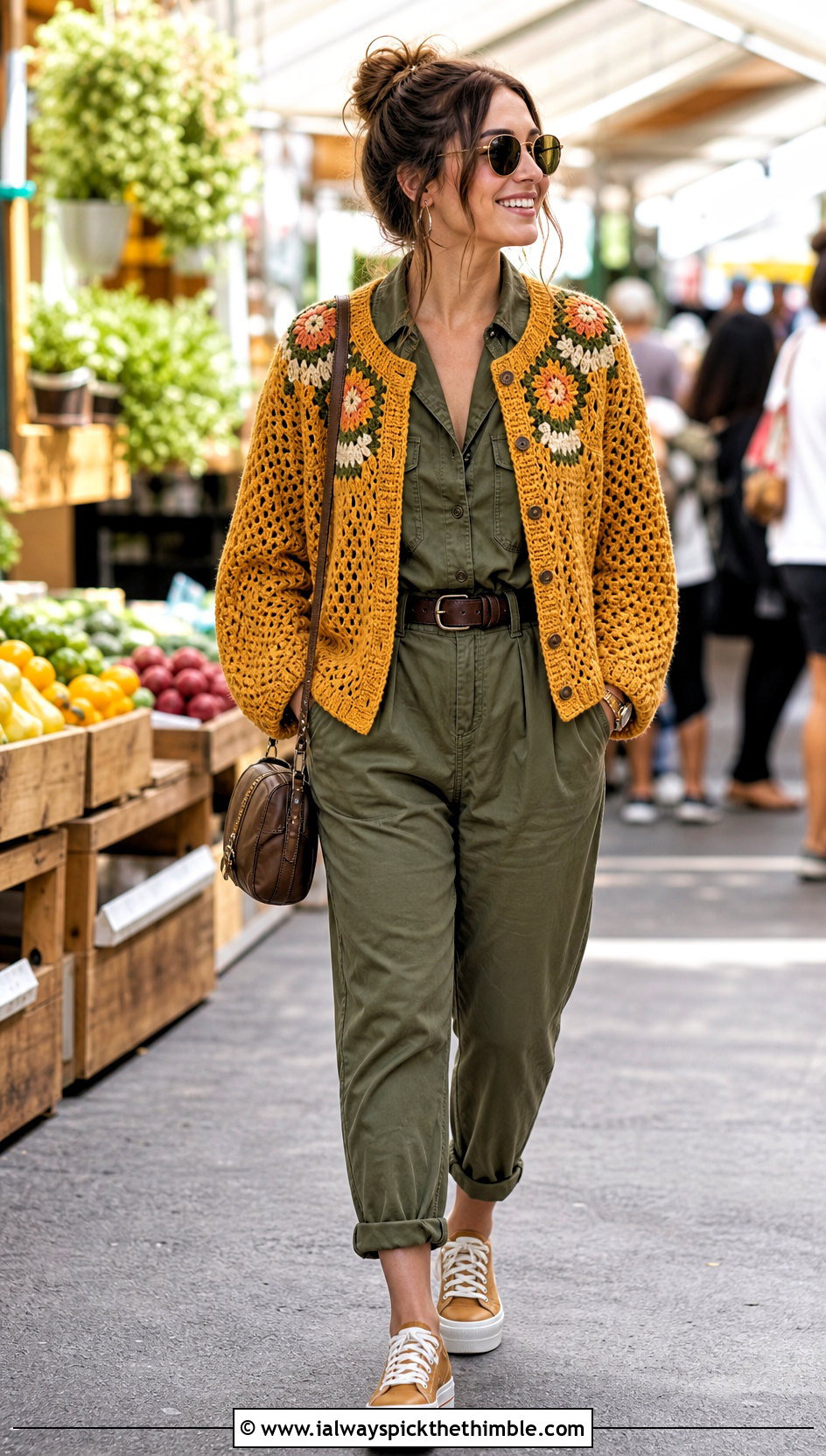 Yoke Crochet Button Down Cardigan With Utility Jumpsuit - 20 crochet button down cardigan outfit ideas