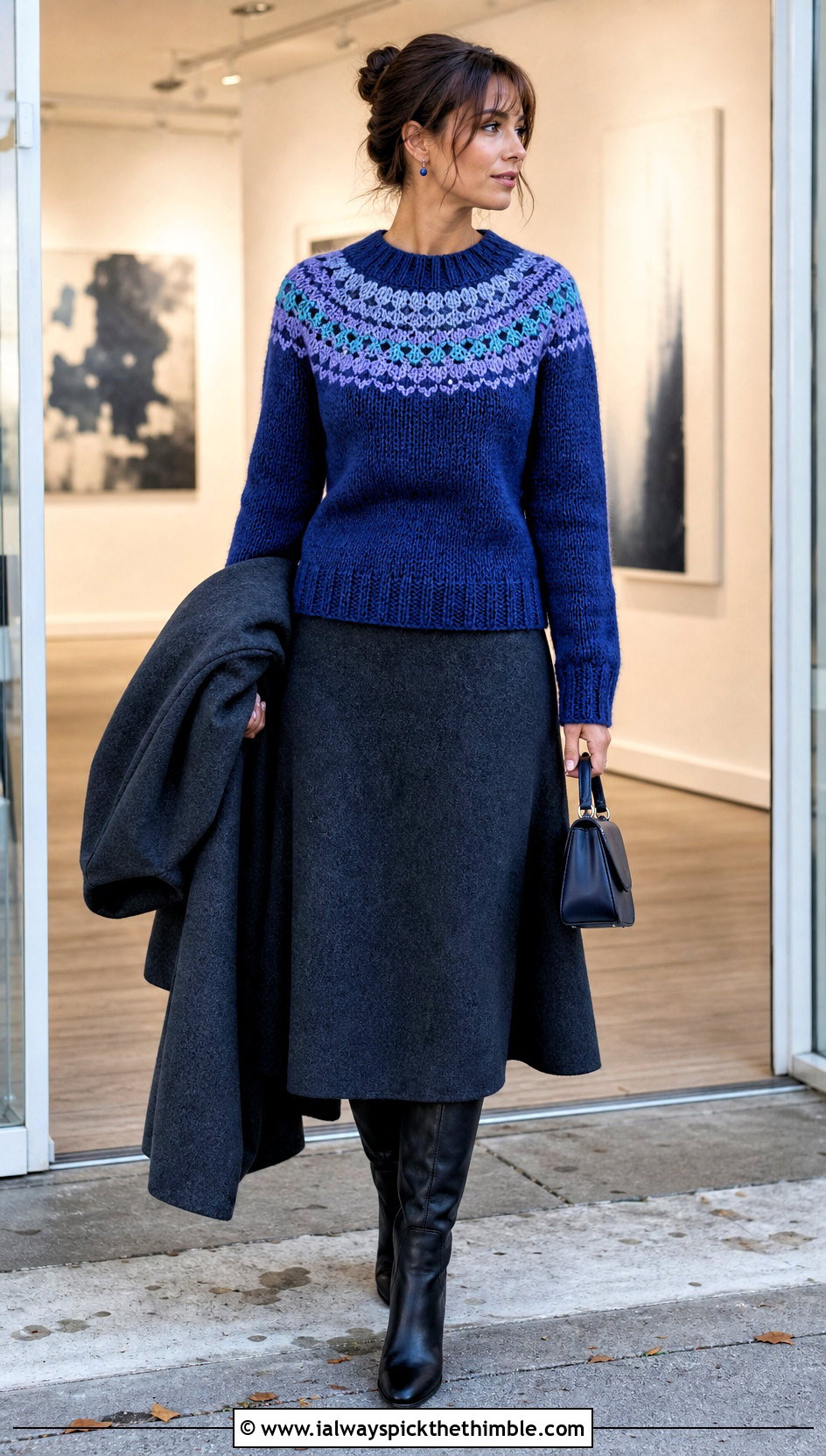 Yoke Crochet Sweater With Wool Midi Skirt - 20 cozy crochet sweater outfit ideas