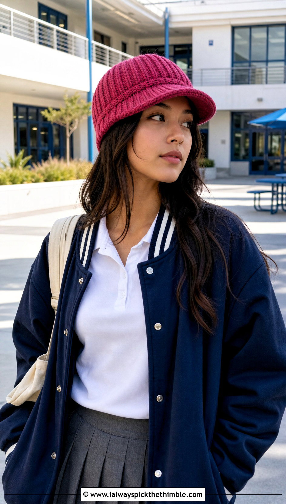Yushiro Visor Beanie With Varsity Jacket and Pleated Skirt - 20 Demon Slayer Crochet Hat outfit ideas