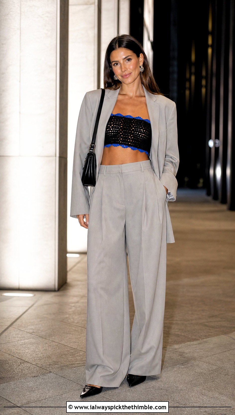 Zara Black Crochet Bandeau Top With Oversized Suit - 15 zara black crochet top outfit ideas
