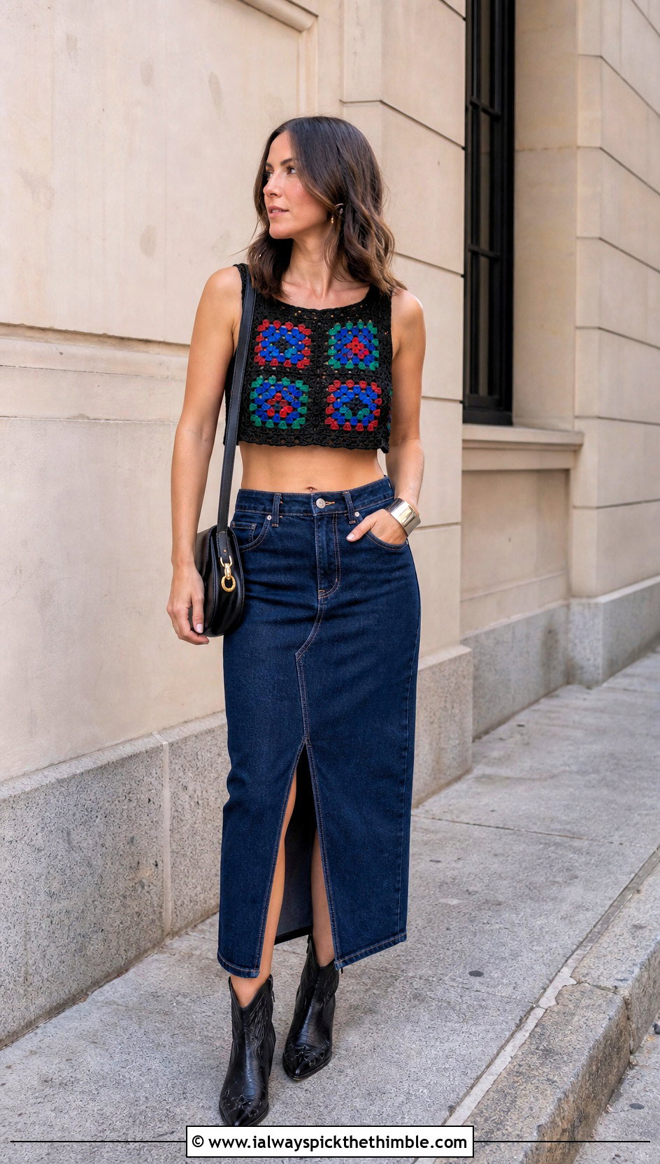 Zara Black Granny Square Crochet Crop Top With Denim Maxi Skirt - 15 zara black crochet top outfit ideas