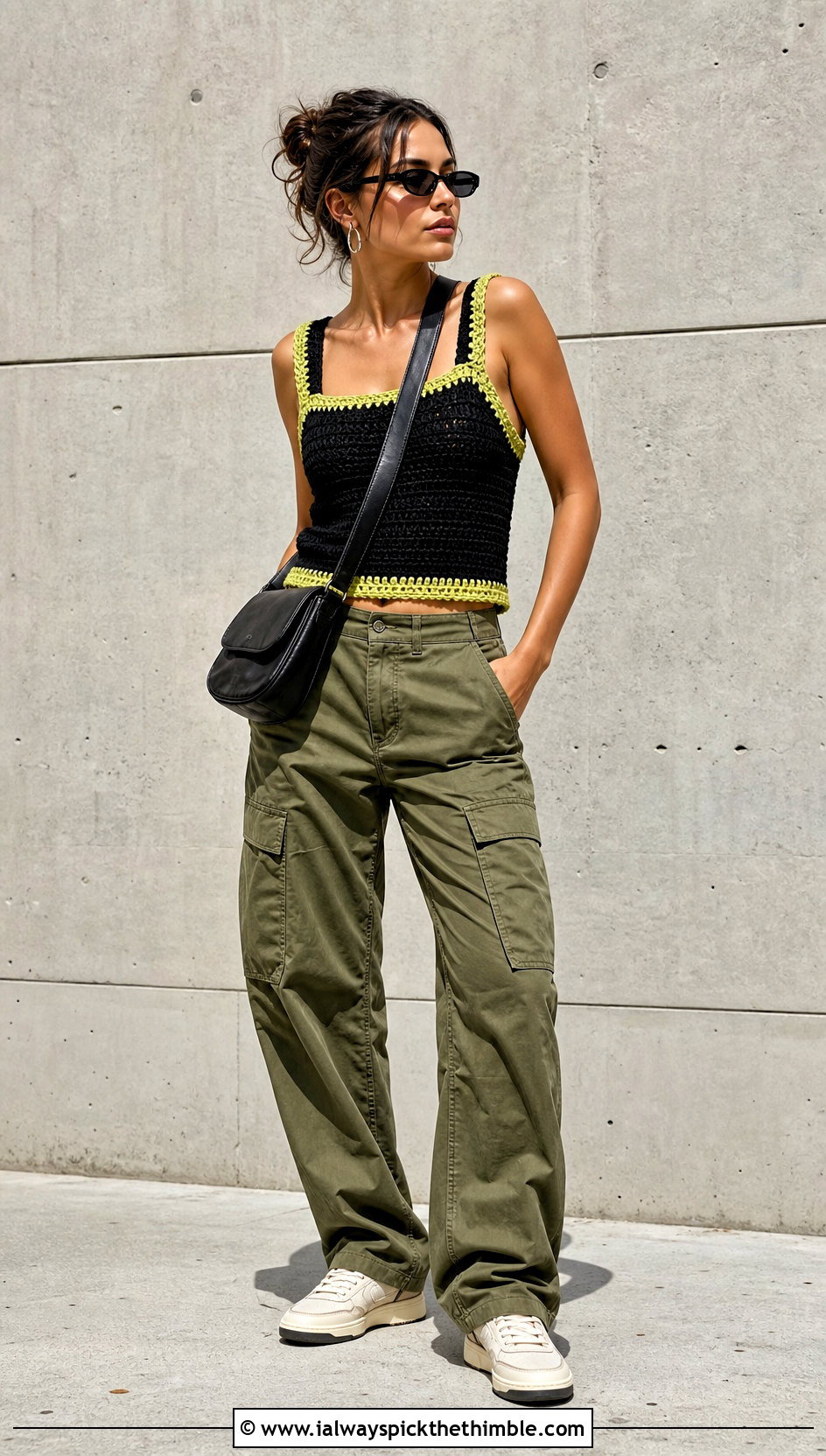 Zara Black Square Neck Crochet Tank With Cargo Pants - 15 zara black crochet top outfit ideas