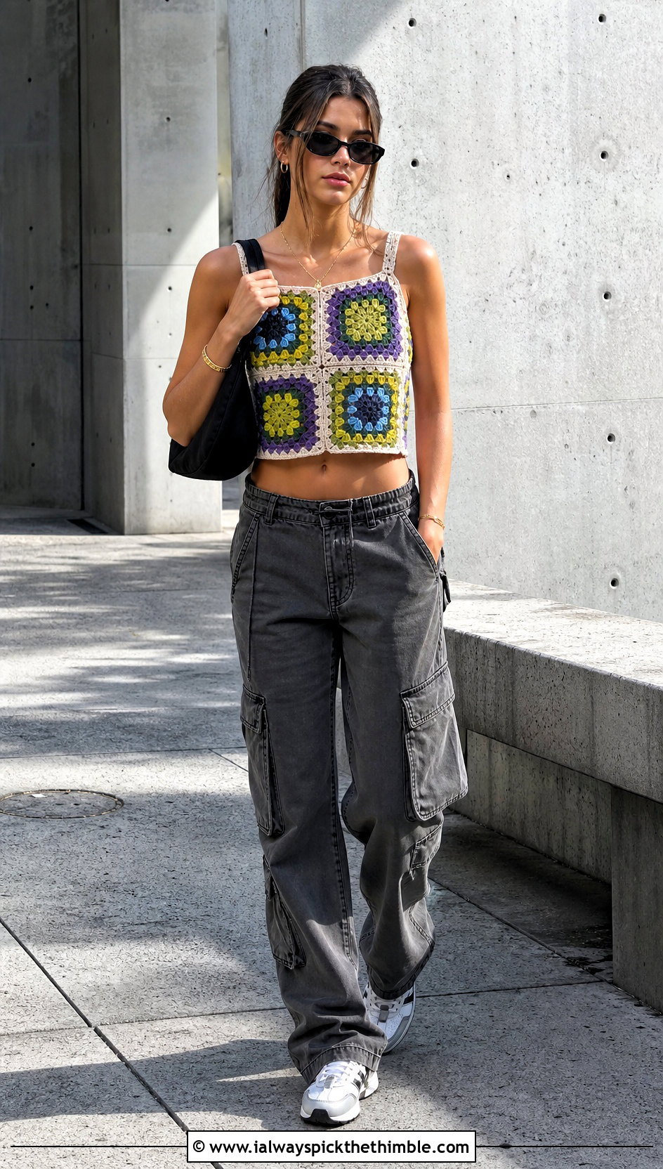 Zara Granny Square Crochet Crop Top With Cargo Pants - 20 zara crochet crop top outfit ideas