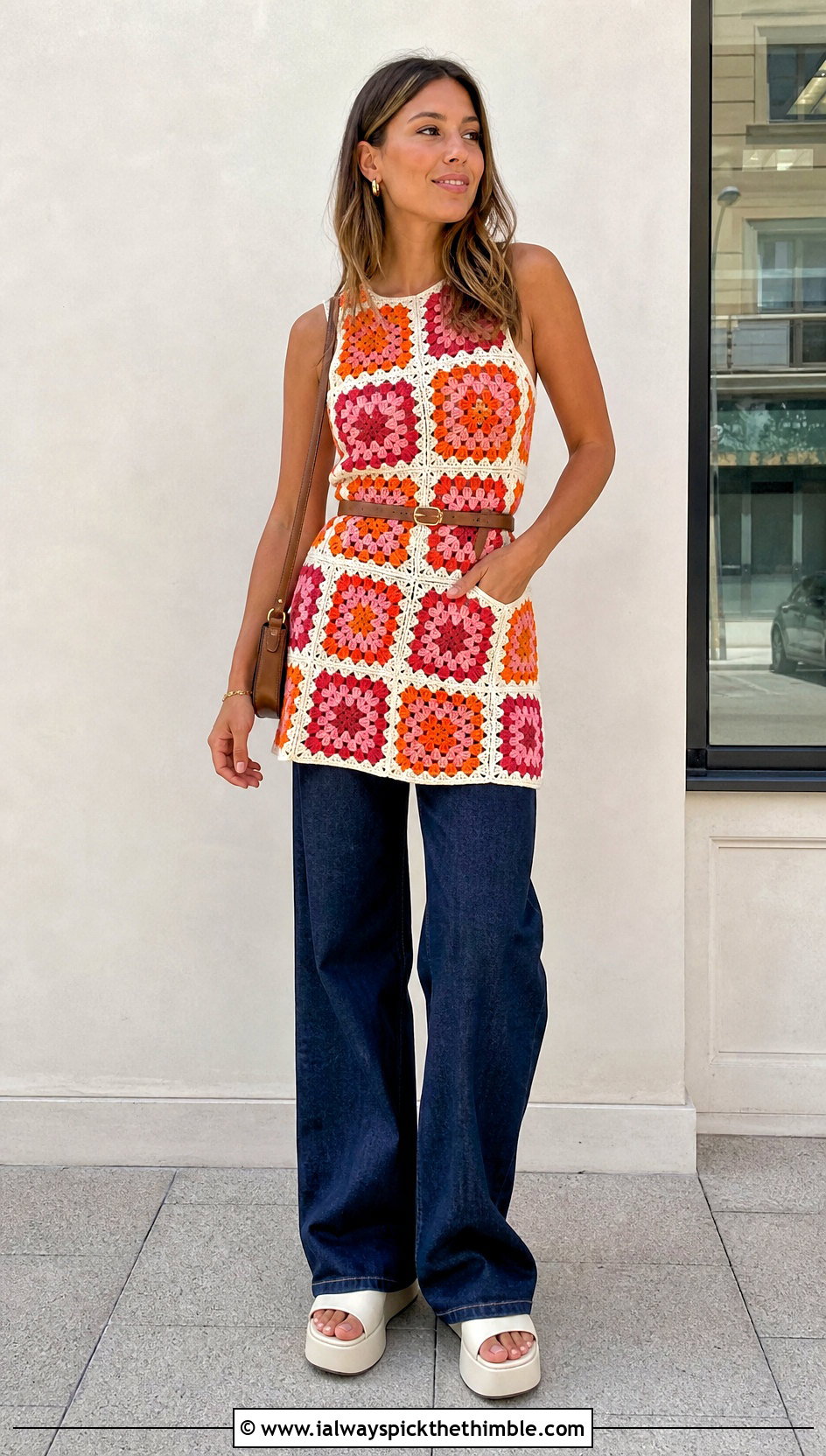 Zara Granny Square Dress Over Wide Leg Jeans - 15 Zara Granny Square Dress outfit ideas