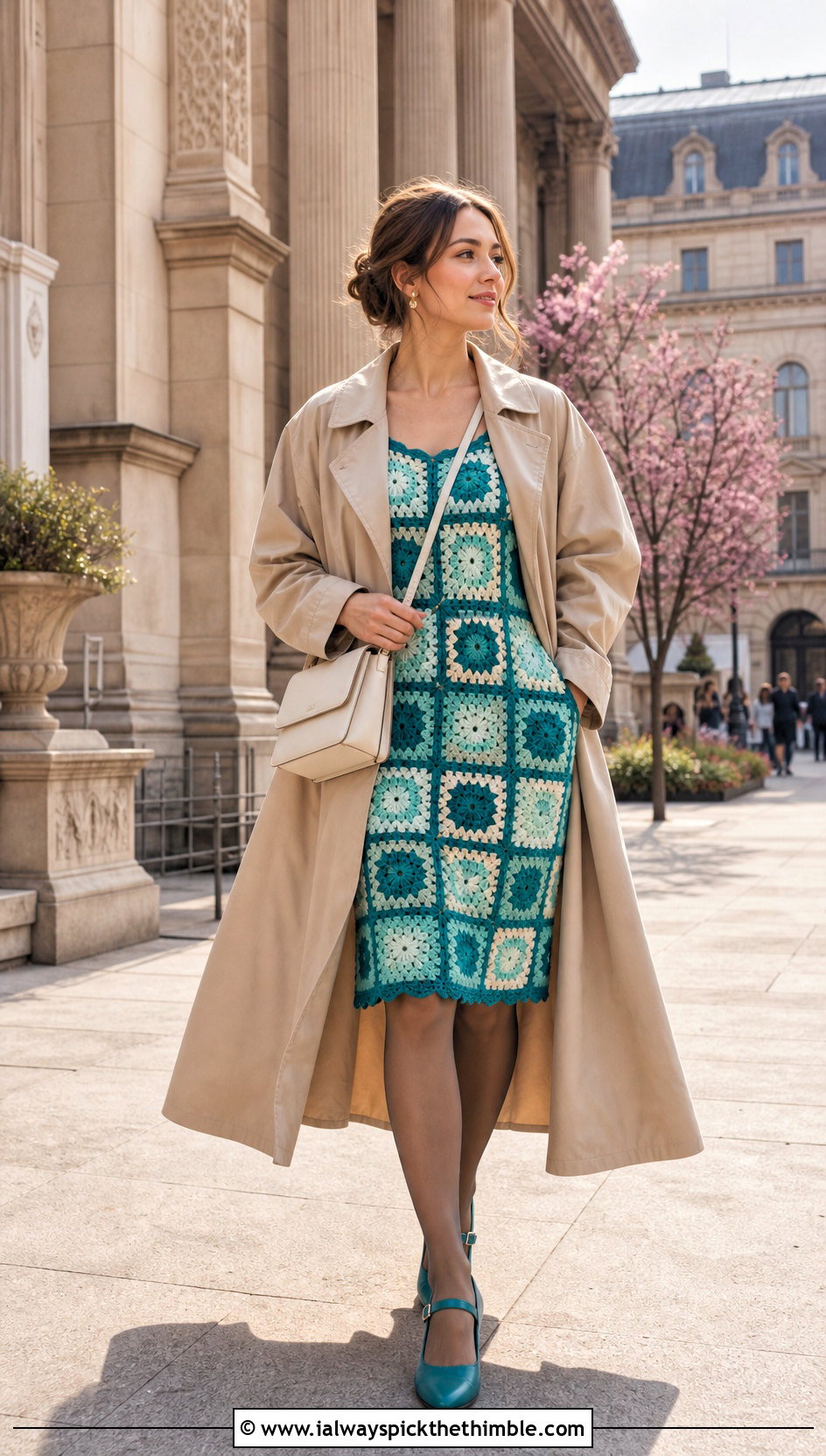 Zara Granny Square Dress With Trench Coat And Mary Janes - 15 Zara Granny Square Dress outfit ideas
