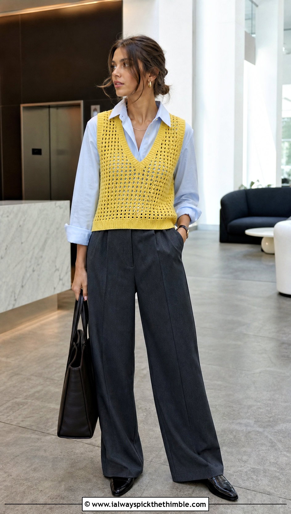 Zara Open Knit V Neck Crochet Vest Top With Tailored Trousers - 15 zara crochet vest top outfit ideas