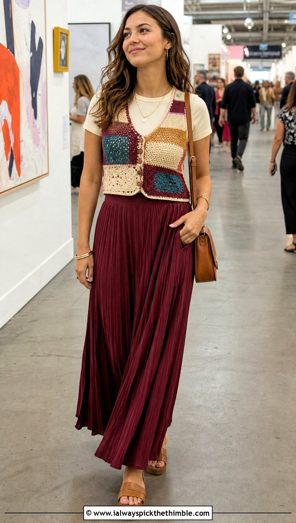 Zara Patchwork Crochet Vest Top With Pleated Maxi Skirt - 15 zara crochet vest top outfit ideas
