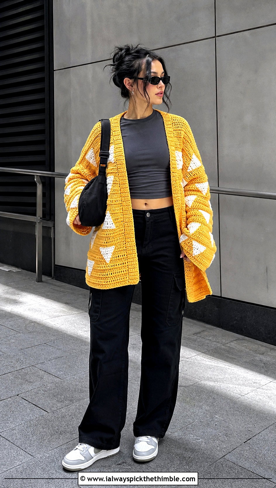 Zenitsu Oversized Crochet Cardigan With Black Cargo Pants - 25 Demon Slayer Crochet Cardigan outfit ideas