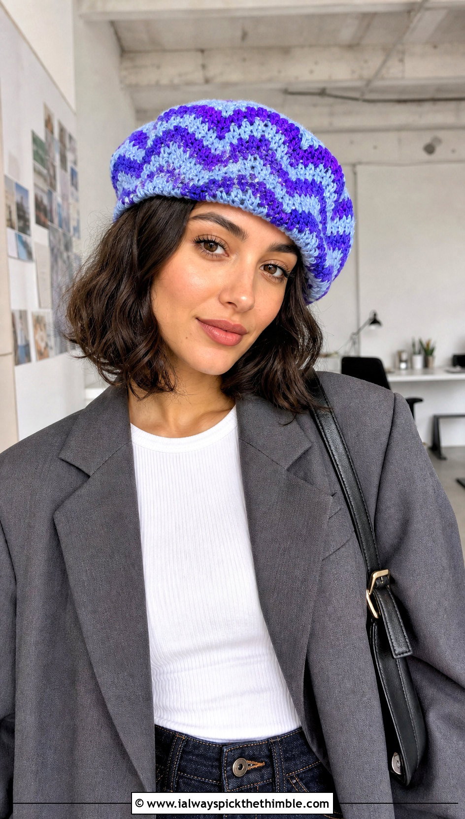 Zig Zag Crochet Beret With Blazer And Jeans - 15 Zig Zag Crochet Hat outfit ideas