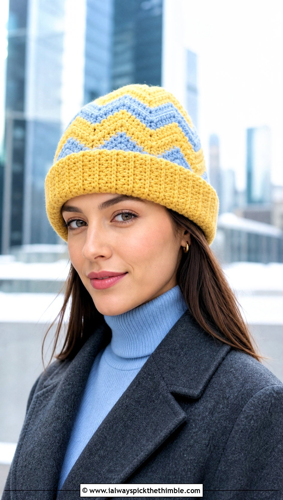 Zig Zag Crochet Cuffed Beanie With Wool Coat - 15 Zig Zag Crochet Hat outfit ideas