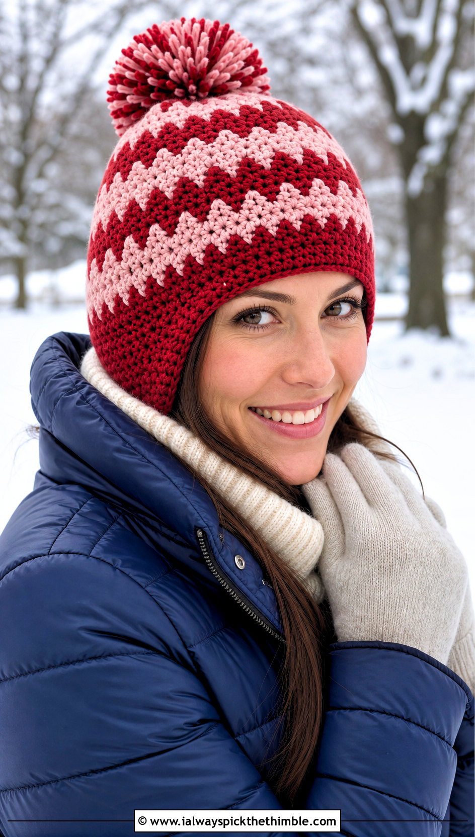 Zig Zag Crochet Pom Pom Hat With Puffer Jacket - 15 Zig Zag Crochet Hat outfit ideas